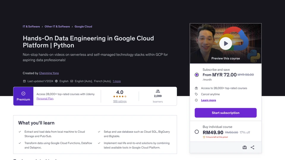Screenshot of Chenming’s Google Cloud data engineering course on Udemy